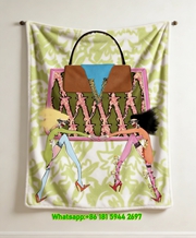 Versace Green Pink Fashion Illustration Print Flannel Sofa Throw Blanket IMG_1756